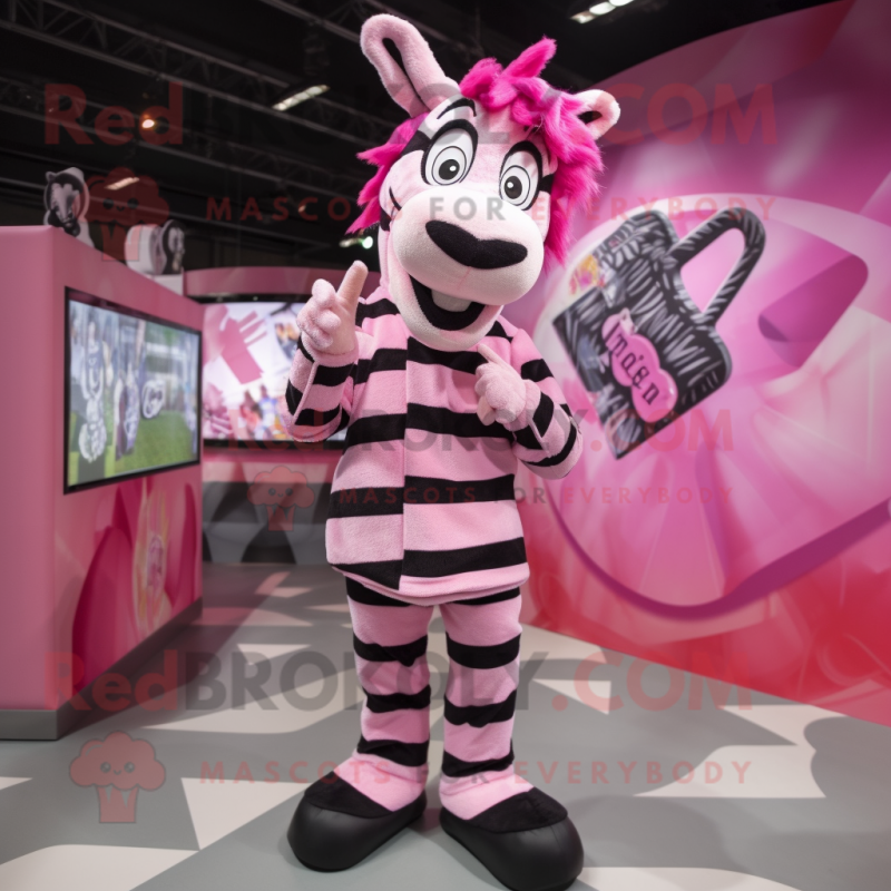 Pink Zebra mascot costume character dressed with a Flannel Shirt and Hairpins