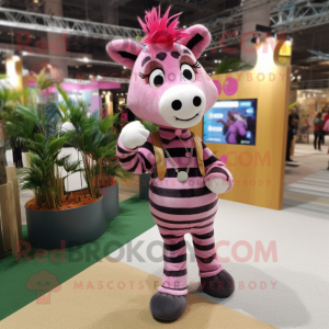 Pink Zebra mascot costume character dressed with a Flannel Shirt and Hairpins