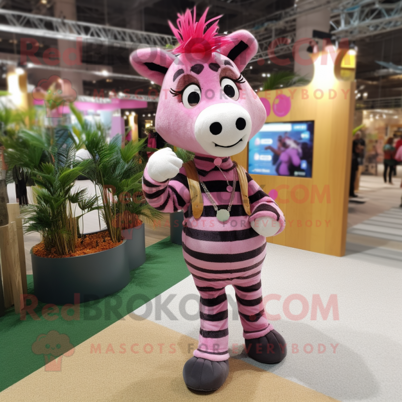 Pink Zebra mascot costume character dressed with a Flannel Shirt and Hairpins Pink Zebra mascot costume character dressed with a Flannel Shirt and Hairpins