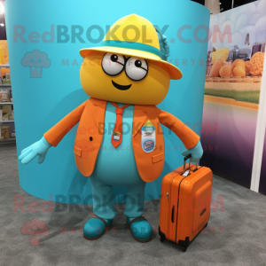 Turquoise Orange mascot costume character dressed with a Suit and Messenger bags