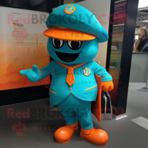 Turquoise Orange mascot costume character dressed with a Suit and Messenger bags