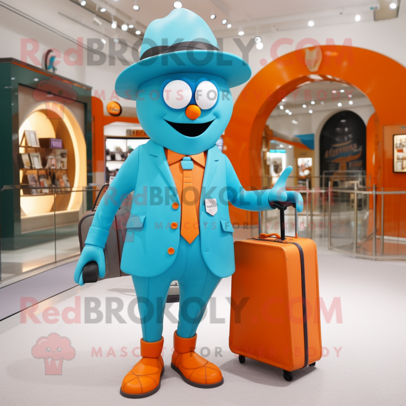 Turquoise Orange mascot costume character dressed with a Suit and Messenger bags