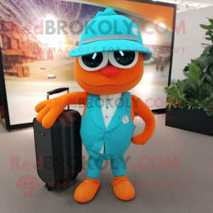Turquoise Orange mascot costume character dressed with a Suit and Messenger bags