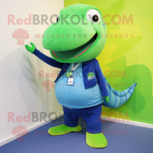 Lime Green Blue Whale mascot costume character dressed with a Oxford Shirt and Bracelet watches