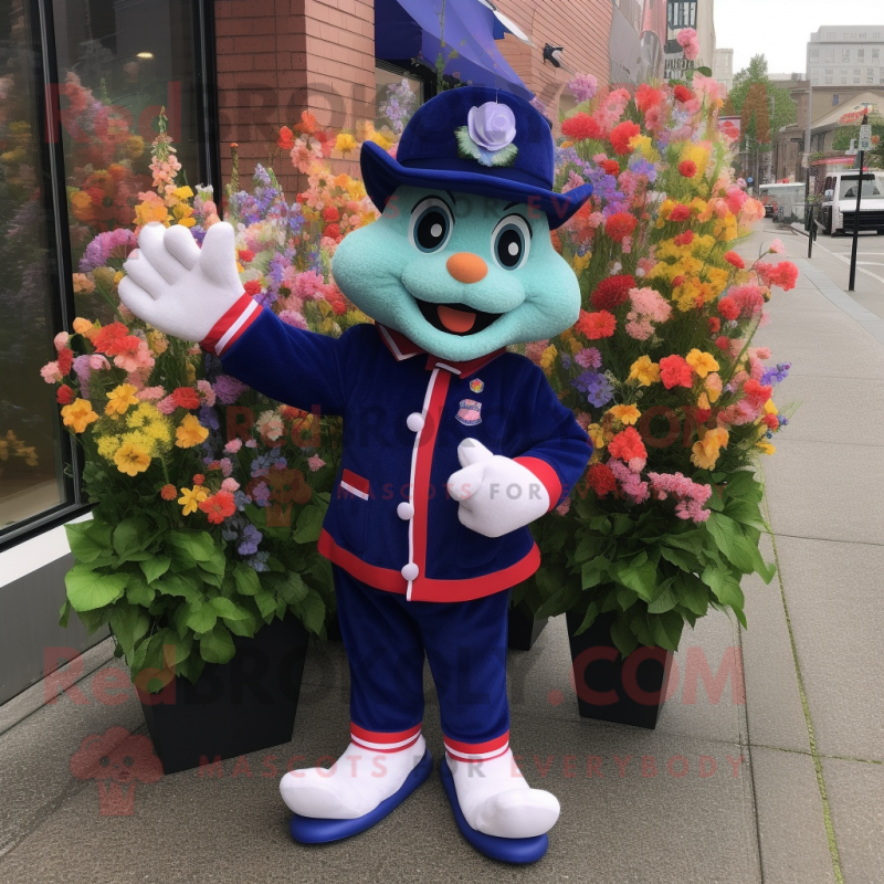 Navy Bouquet Of Flowers mascot costume character dressed with a Windbreaker and Cufflinks