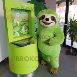 Lime Green Sloth mascot costume character dressed with a A-Line Dress and Lapel pins