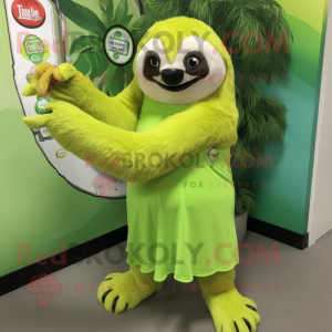 Lime Green Sloth mascot costume character dressed with a A-Line Dress and Lapel pins