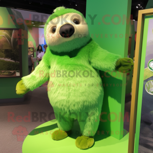 Lime Green Sloth mascot costume character dressed with a A-Line Dress and Lapel pins