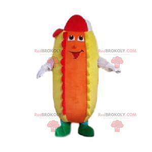 Mascote rigilo cachorro-quente com ketchup e mostarda -