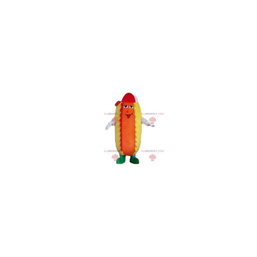 Mascote rigilo cachorro-quente com ketchup e mostarda -