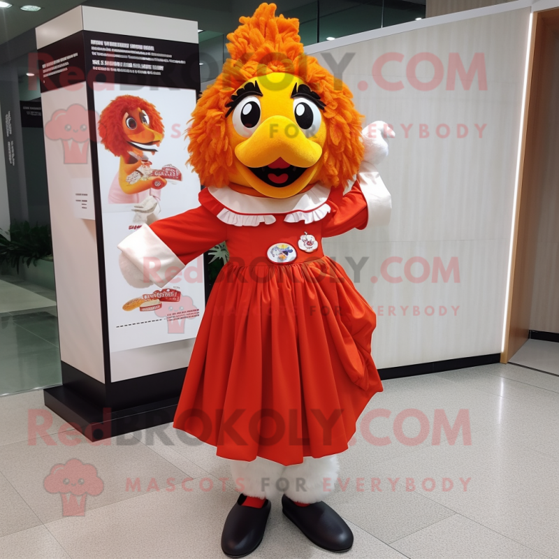 nan Fried Chicken mascot costume character dressed with a Empire Waist Dress and Hair clips nan Fried Chicken mascot costume character dressed with a Empire Waist Dress and Hair clips