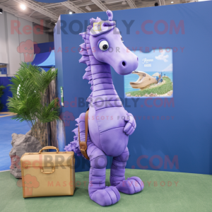 Lavender Sea Horse mascot costume character dressed with a Polo Tee and Briefcases