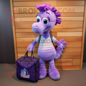 Lavender Sea Horse mascot costume character dressed with a Polo Tee and Briefcases
