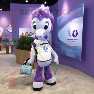 Lavender Sea Horse mascot costume character dressed with a Polo Tee and Briefcases