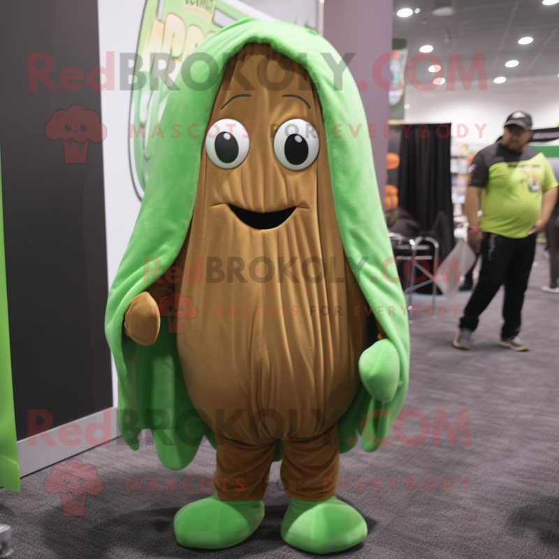 Brown Green Bean mascot costume character dressed with a Hoodie and Tie pins