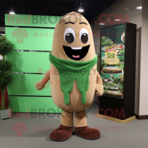 Brown Green Bean mascot costume character dressed with a Hoodie and Tie pins