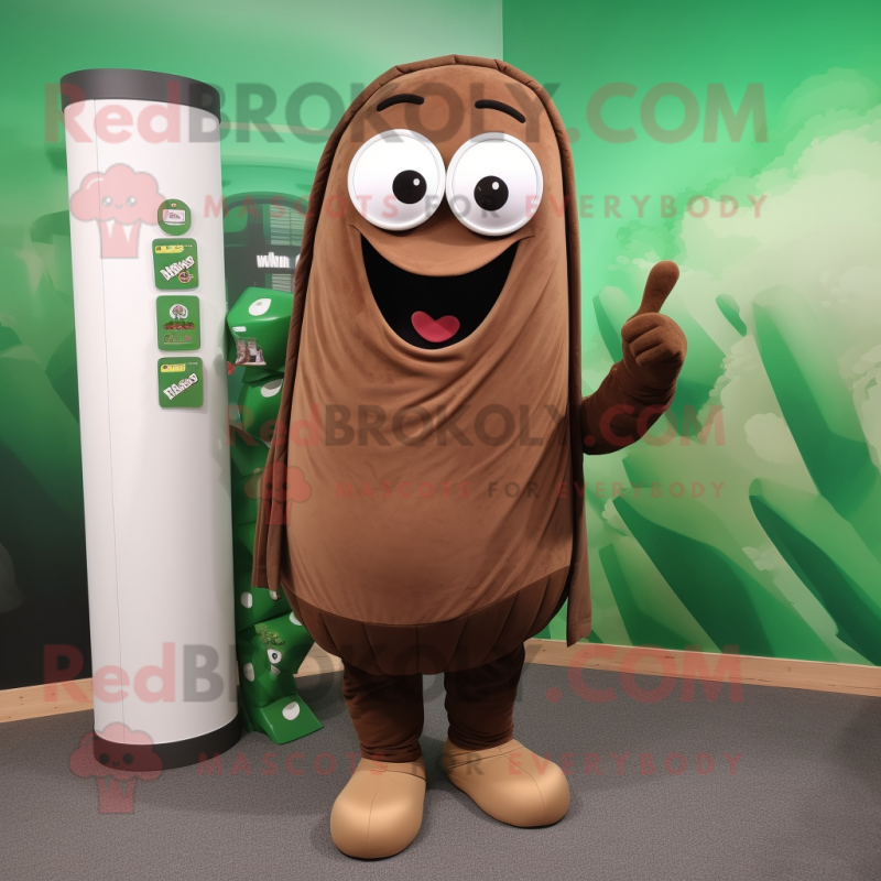 Brown Green Bean mascot costume character dressed with a Hoodie and Tie pins Brown Green Bean mascot costume character dressed with a Hoodie and Tie pins