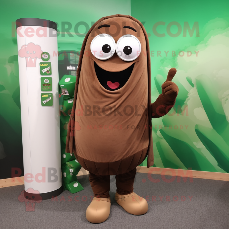 Brown Green Bean mascot costume character dressed with a Hoodie and Tie pins