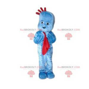 Blaues Schneemannmaskottchen mit einer roten Decke -