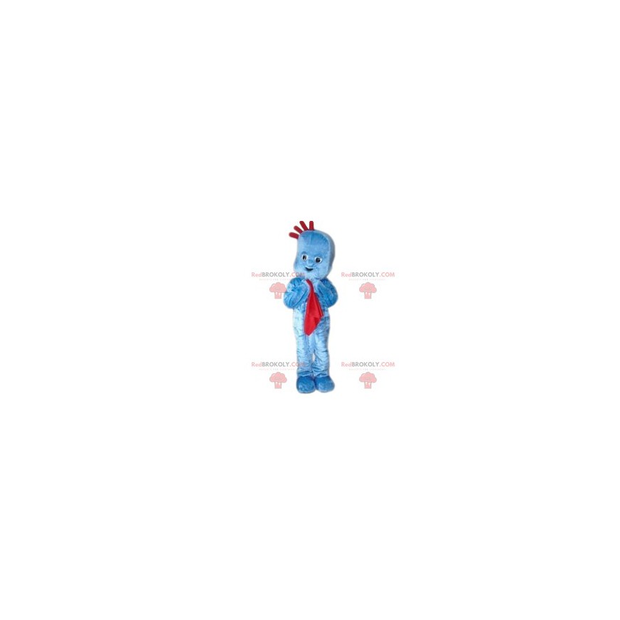 Mascotte de bonhomme bleu avec un doudou rouge - Redbrokoly.com