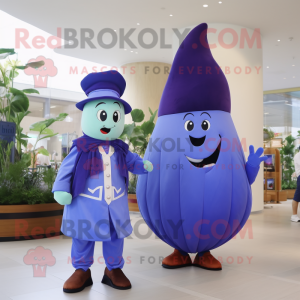 Blue Eggplant mascot costume character dressed with a Dress Shirt and Berets