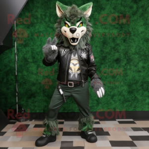 Forest Green Say Wolf mascot costume character dressed with a Biker Jacket and Hairpins