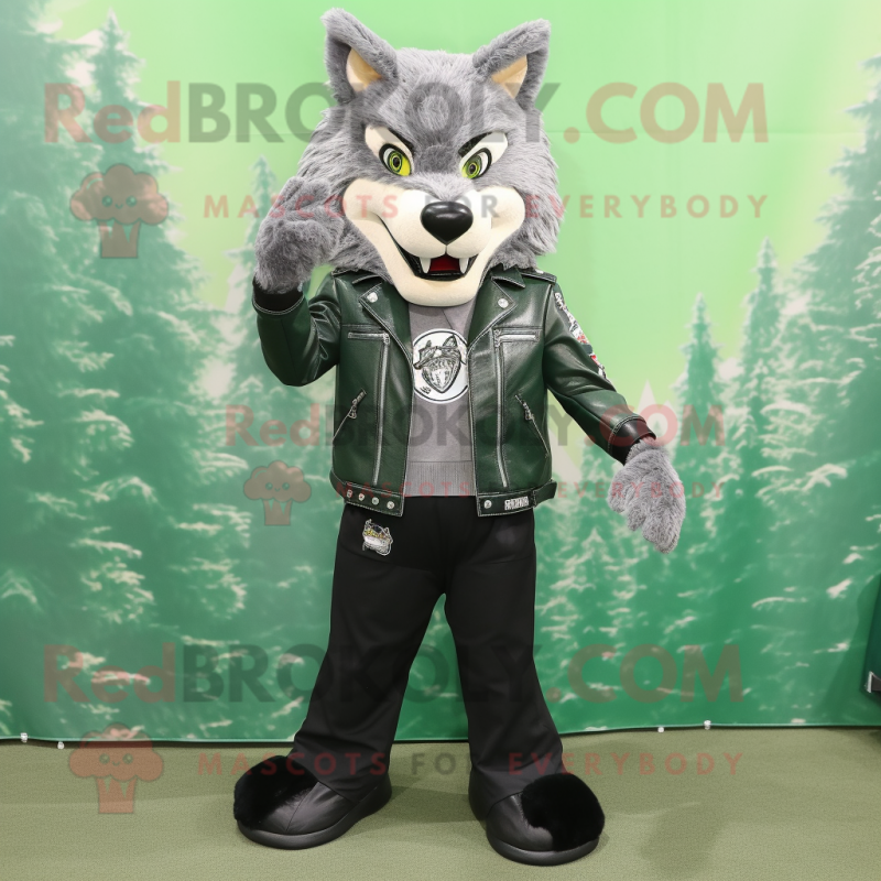 Forest Green Say Wolf mascot costume character dressed with a Biker Jacket and Hairpins