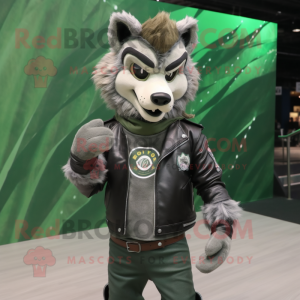 Forest Green Say Wolf mascot costume character dressed with a Biker Jacket and Hairpins