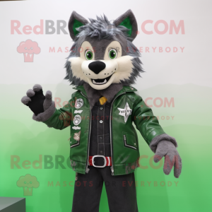 Forest Green Say Wolf mascot costume character dressed with a Biker Jacket and Hairpins