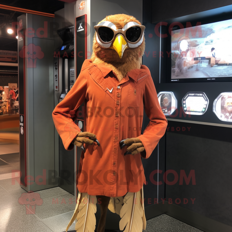 Rust Falcon mascot costume character dressed with a A-Line Dress and Eyeglasses Rust Falcon mascot costume character dressed with a A-Line Dress and Eyeglasses