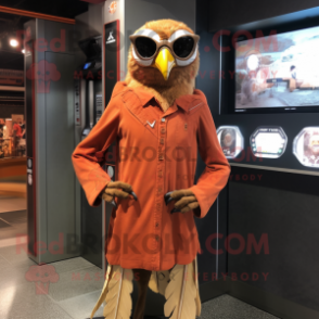 Rust Falcon mascot costume character dressed with a A-Line Dress and Eyeglasses