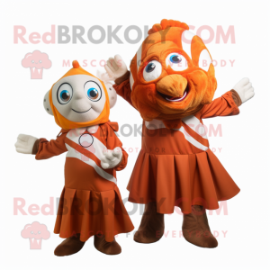 Brown Clown Fish mascot costume character dressed with a A-Line Dress and Brooches