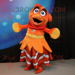 Brown Clown Fish mascot costume character dressed with a A-Line Dress and Brooches