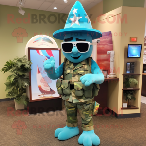 Turquoise American Soldier mascot costume character dressed with a Bikini and Keychains