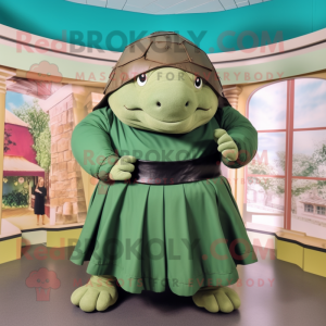 Green Glyptodon mascot costume character dressed with a A-Line Skirt and Belts