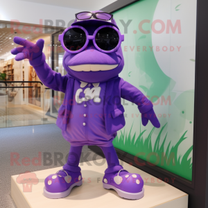 Purple Frog mascot costume character dressed with a Romper and Sunglasses