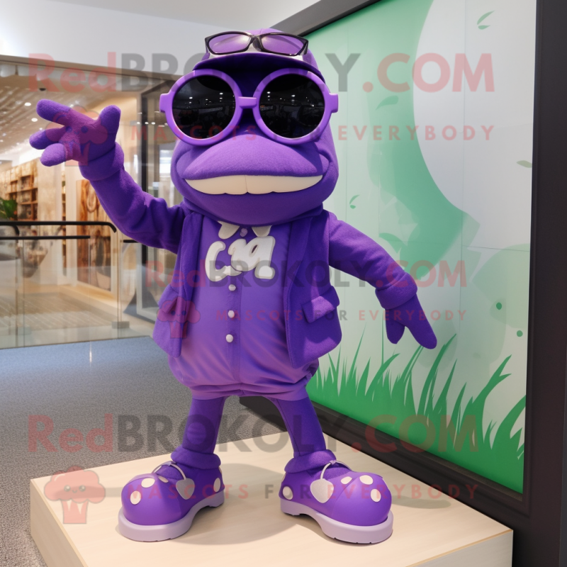 Purple Frog mascot costume character dressed with a Romper and Sunglasses Purple Frog mascot costume character dressed with a Romper and Sunglasses