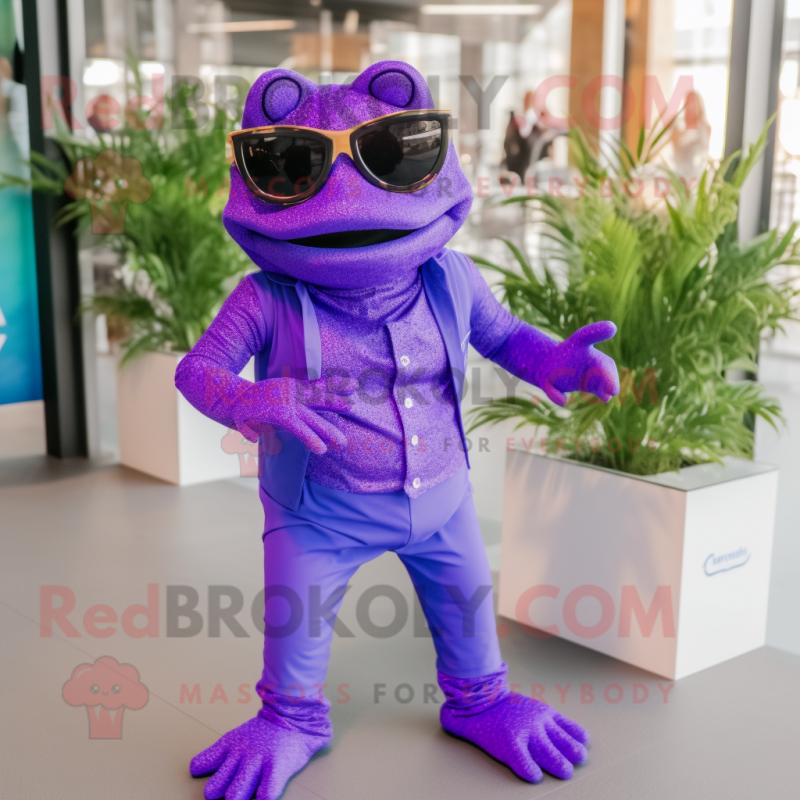 Purple Frog mascot costume character dressed with a Romper and Sunglasses