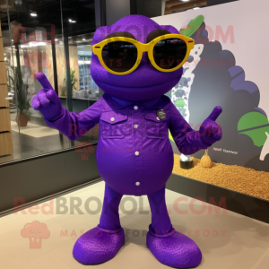 Purple Frog mascot costume character dressed with a Romper and Sunglasses