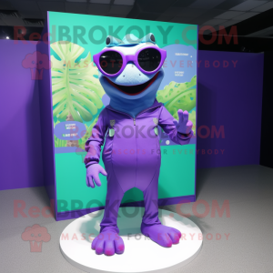 Purple Frog mascot costume character dressed with a Romper and Sunglasses