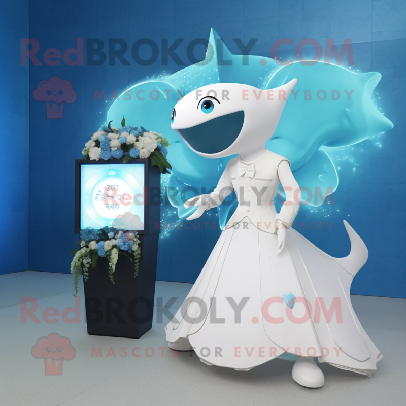 Cyan Manta Ray mascot costume character dressed with a Wedding Dress and Digital watches