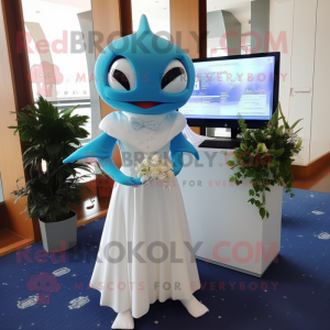 Cyan Manta Ray mascot costume character dressed with a Wedding Dress and Digital watches