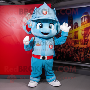 Sky Blue Fire Fighter mascot costume character dressed with a Overalls and Headbands