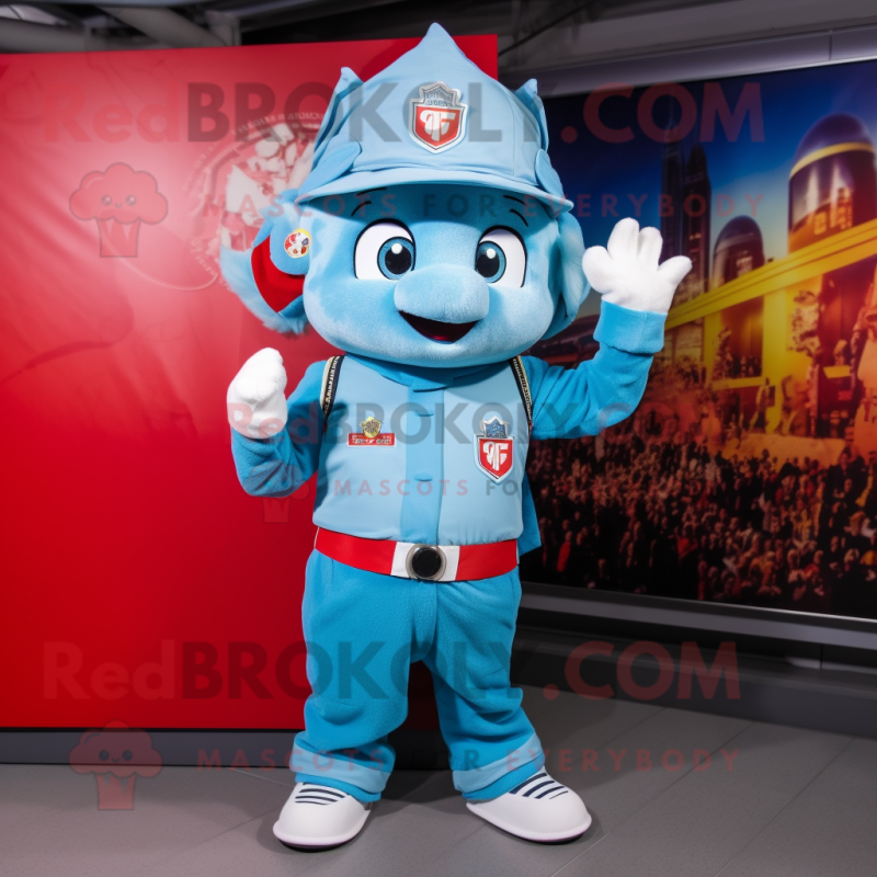 Sky Blue Fire Fighter mascot costume character dressed with a Overalls and Headbands Sky Blue Fire Fighter mascot costume character dressed with a Overalls and Headbands