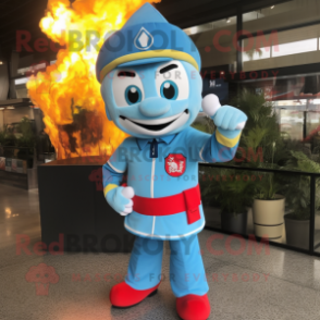 Sky Blue Fire Fighter mascot costume character dressed with a Overalls and Headbands