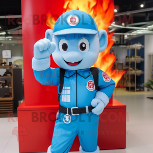 Sky Blue Fire Fighter mascot costume character dressed with a Overalls and Headbands