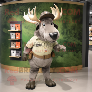 Gray Irish Elk mascot costume character dressed with a Cargo Shorts and Caps