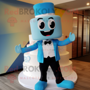 Sky Blue Wedding Cake mascot costume character dressed with a T-Shirt and Ties