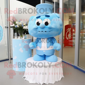 Sky Blue Wedding Cake mascot costume character dressed with a T-Shirt and Ties
