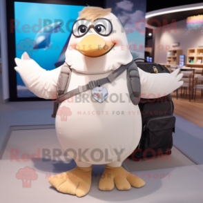 Beige Pigeon mascot costume character dressed with a Yoga Pants and Backpacks